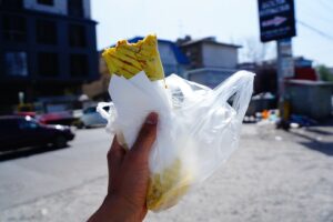 ビシュケクのオシュ・バザール近くで買った巨大な鶏肉のケバブ