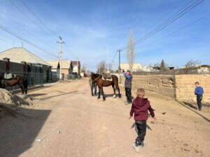 キルギスの雪山でのホーストレッキングの様子(白馬)