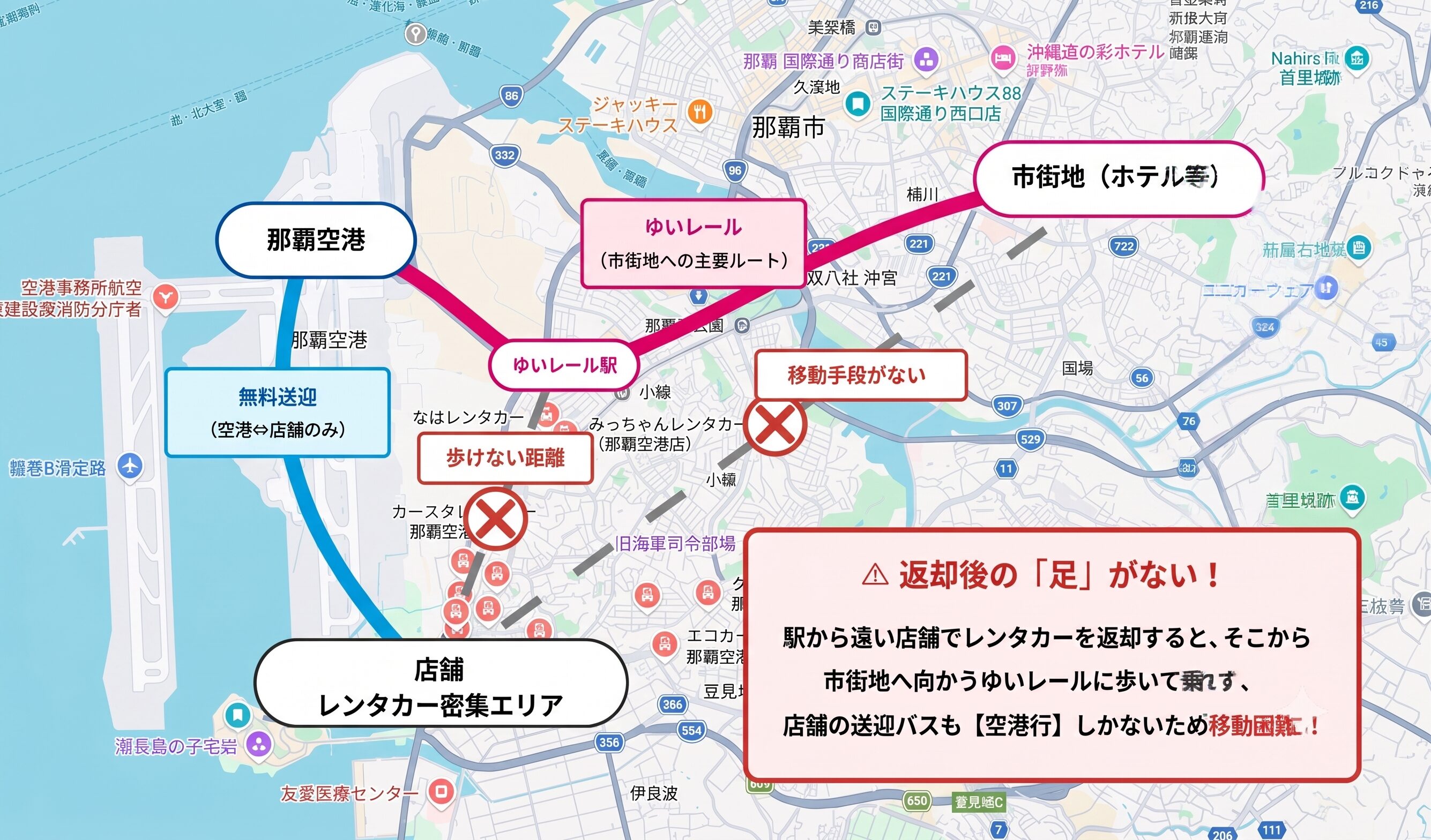 送迎ありで市内へ向かうさいの経路