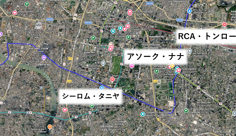 バンコクの主要な夜遊びエリアを示すマップ