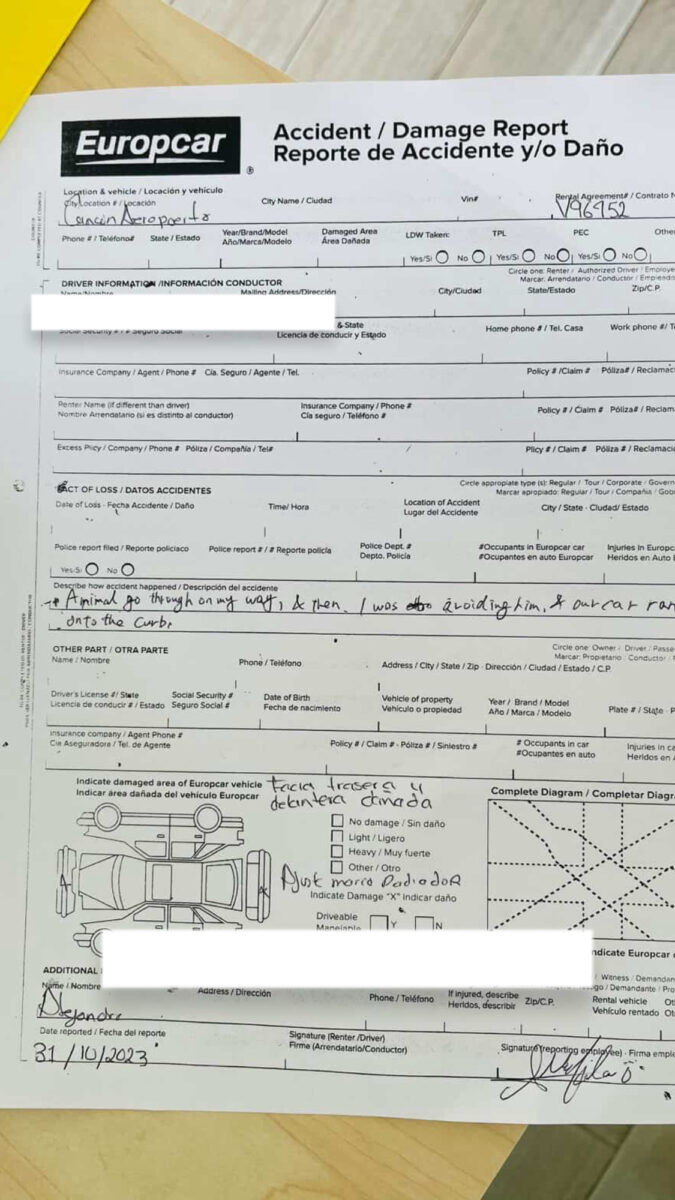 レンタカー会社「europecar」が発行した保険金請求に必須となる事故証明書