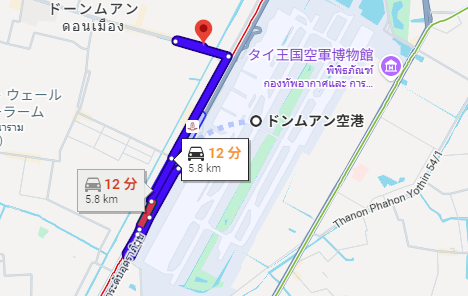 ドンムアン空港から向かいのエリアへ車で向かう際の迂回ルート図