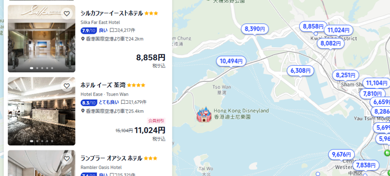 香港国際空港からバスで約20分の葵涌・荃湾エリアの格安ホテルマップ