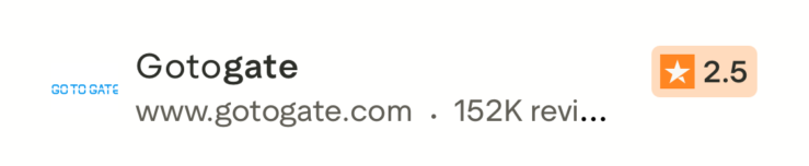 Trustpilotでgotogate.comの評価が星2.5と表示された画面