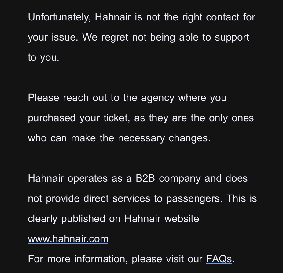 ハーンエアーから届いた、問い合わせを予約サイトへ回すよう求めるメール
