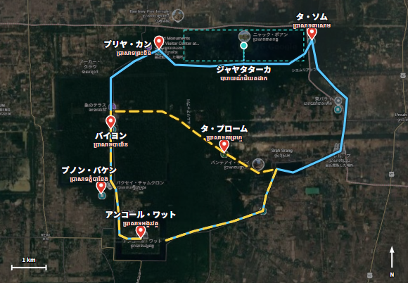 アンコール遺跡の小回りと大回りのルートを示した地図